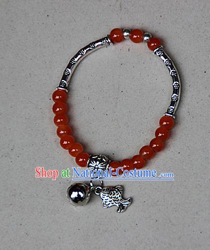 Traditional Chinese Miao Nationality Crafts Jewelry Accessory Bangle, Hmong Handmade Miao Silver Red Beads Bracelet, Miao Ethnic Minority Bells Fish Bracelet Accessories for Women