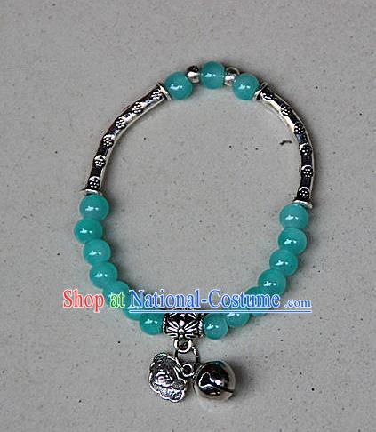 Traditional Chinese Miao Nationality Crafts Jewelry Accessory Bangle, Hmong Handmade Miao Silver Blue Beads Bracelet, Miao Ethnic Minority Bells Longevity Lock Bracelet Accessories for Women