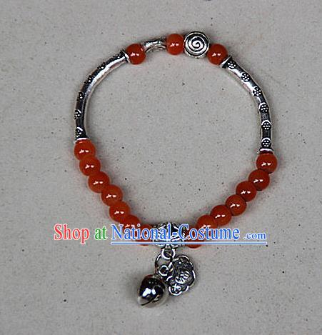 Traditional Chinese Miao Nationality Crafts Jewelry Accessory Bangle, Hmong Handmade Miao Silver Red Beads Bracelet, Miao Ethnic Minority Bells Longevity Lock Bracelet Accessories for Women