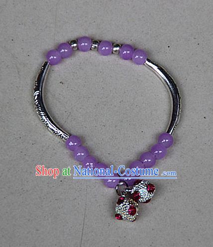 Traditional Chinese Miao Nationality Crafts Jewelry Accessory Bangle, Hmong Handmade Miao Silver Purple Beads Bracelet, Miao Ethnic Minority Bells Bracelet Accessories for Women