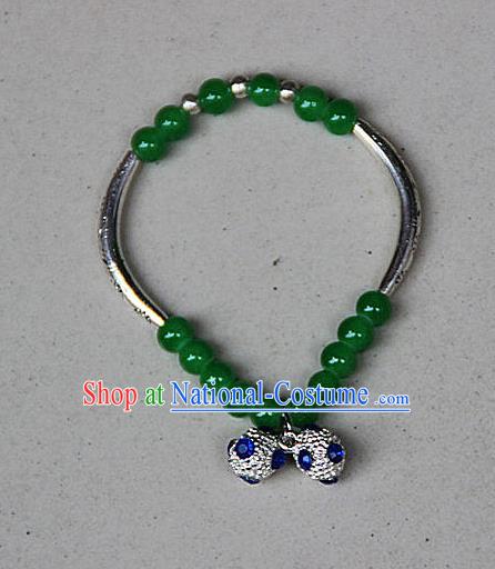 Traditional Chinese Miao Nationality Crafts Jewelry Accessory Bangle, Hmong Handmade Miao Silver Green Beads Bracelet, Miao Ethnic Minority Bells Bracelet Accessories for Women