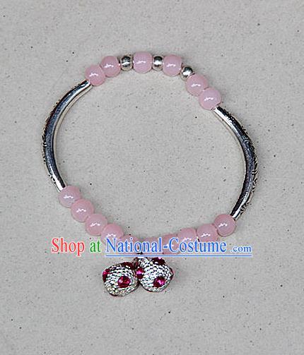 Traditional Chinese Miao Nationality Crafts Jewelry Accessory Bangle, Hmong Handmade Miao Silver Pink Beads Bracelet, Miao Ethnic Minority Bells Bracelet Accessories for Women