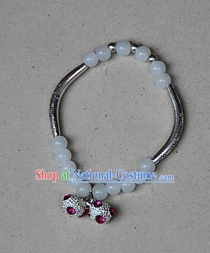 Traditional Chinese Miao Nationality Crafts Jewelry Accessory Bangle, Hmong Handmade Miao Silver White Beads Bracelet, Miao Ethnic Minority Bells Bracelet Accessories for Women