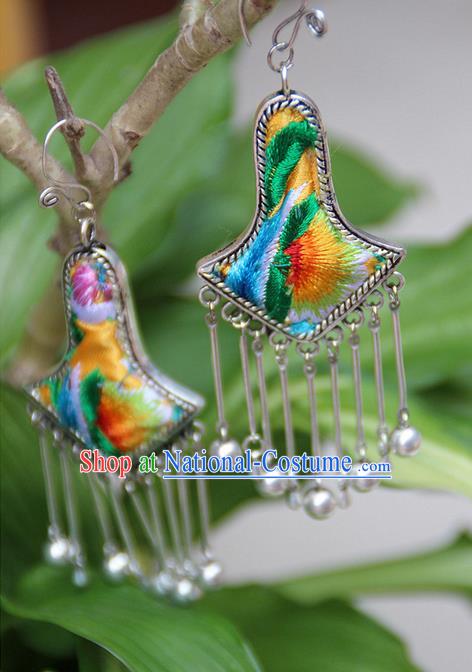 Traditional Chinese Miao Nationality Crafts Jewelry Accessory, Hmong Handmade Embroidery Miao Silver Bells Tassel Earrings, Miao Ethnic Minority Eardrop Accessories Ear Pendant for Women