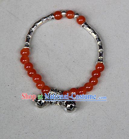 Traditional Chinese Miao Nationality Crafts Jewelry Accessory Bangle, Hmong Handmade Miao Silver Red Beads Bracelet, Miao Ethnic Minority Double Bells Bracelet Accessories for Women