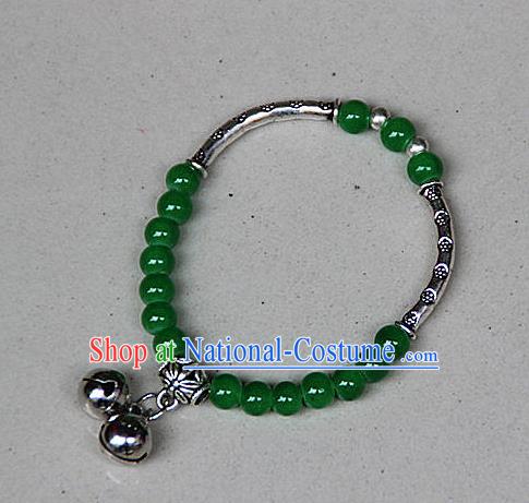 Traditional Chinese Miao Nationality Crafts Jewelry Accessory Bangle, Hmong Handmade Miao Silver Green Beads Bracelet, Miao Ethnic Minority Double Bells Bracelet Accessories for Women