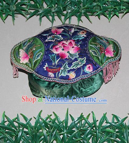 Traditional Chinese Miao Nationality Crafts Hmong Handmade Children Embroidery Lotus Blue Tiger Headwear, Miao Ethnic Minority Exorcise Evil Tiger Hat for Kids