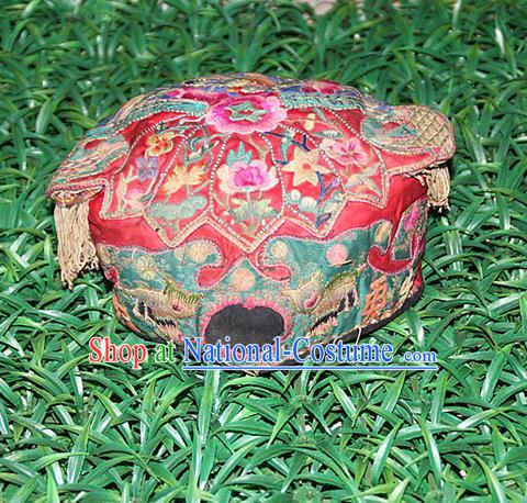 Traditional Chinese Miao Nationality Crafts Hmong Handmade Children Embroidery Flowers Red Tiger Headwear, Miao Ethnic Minority Exorcise Evil Tiger Hat for Kids