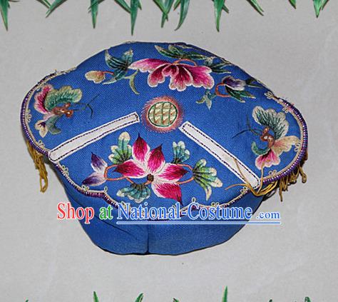 Traditional Chinese Miao Nationality Crafts Hmong Handmade Children Embroidery Lotus Blue Tiger Headwear, Miao Ethnic Minority Exorcise Evil Tiger Hat for Kids