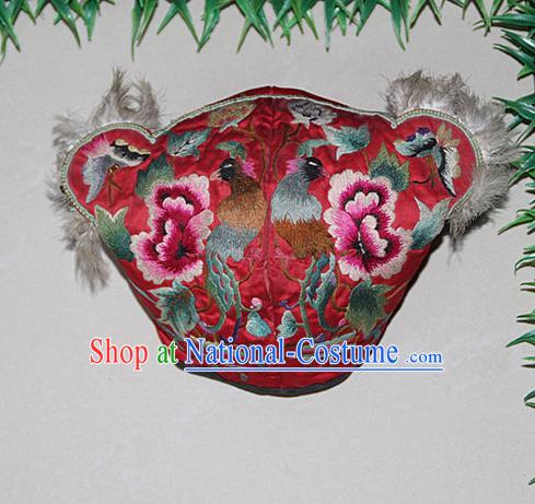 Traditional Chinese Miao Nationality Crafts Hmong Handmade Children Embroidery Flowers Phoenix Red Tiger Headwear, Miao Ethnic Minority Exorcise Evil Tiger Hat for Kids