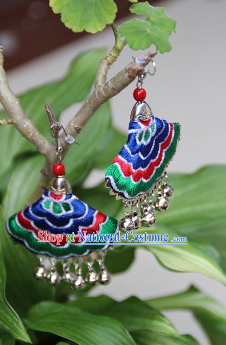 Traditional Chinese Miao Nationality Crafts Jewelry Accessory, Hmong Handmade Embroidery Bells Tassel Earrings, Miao Ethnic Minority Eardrop Accessories Ear Pendant for Women