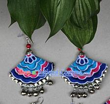 Traditional Chinese Miao Nationality Crafts Jewelry Accessory, Hmong Handmade Embroidery Bells Tassel Earrings, Miao Ethnic Minority Eardrop Accessories Ear Pendant for Women