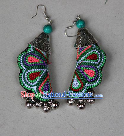 Traditional Chinese Miao Nationality Crafts Jewelry Accessory, Hmong Handmade Embroidery Bells Earrings, Miao Ethnic Minority Eardrop Accessories Ear Pendant for Women