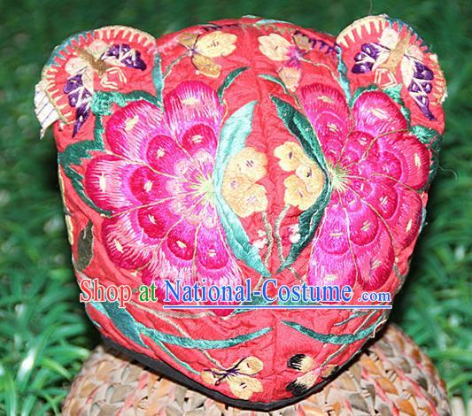 Traditional Chinese Miao Nationality Crafts Hmong Handmade Children Embroidery Flowers Tiger Headwear, Miao Ethnic Minority Exorcise Evil Tiger Hat for Kids