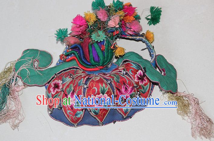 Traditional Chinese Miao Nationality Crafts Hmong Handmade Children Embroidery Phoenix Flowers Coronet Tiger Headwear, Miao Ethnic Minority Exorcise Evil Tiger Hat for Kids