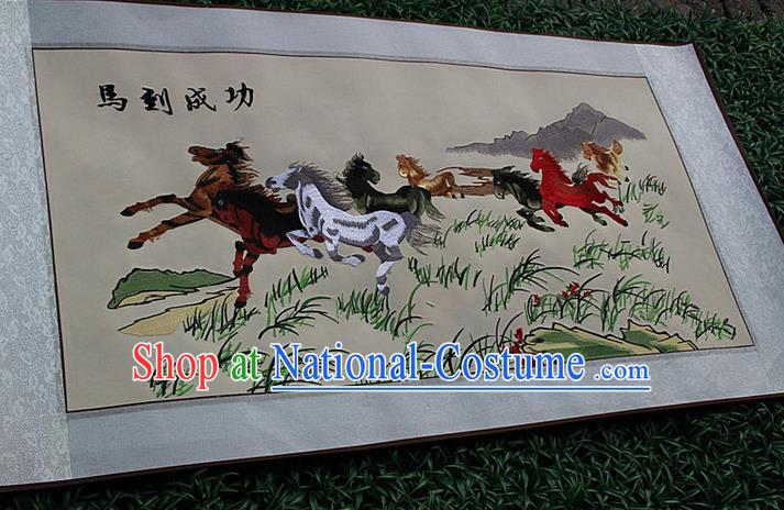 Traditional Chinese Miao Nationality Minority Crafts Hmong Xiangxi Embroidery Decorative Paintings, Embroidery Horse Meaning Success Scroll Painting for Friends