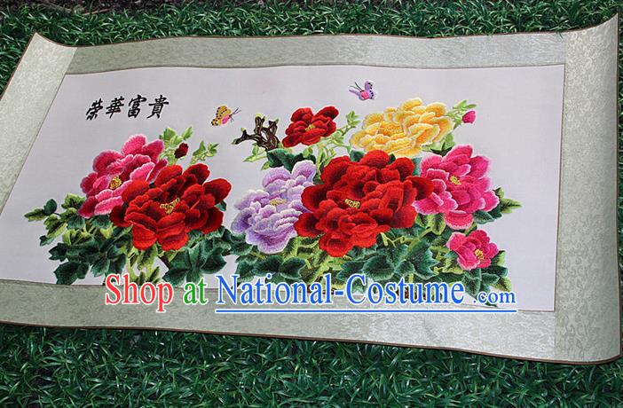 Traditional Chinese Miao Nationality Minority Crafts Hmong Xiangxi Embroidery Decorative Paintings, Embroidery Peony Flowers Meaning Noble Scroll Painting for Friends