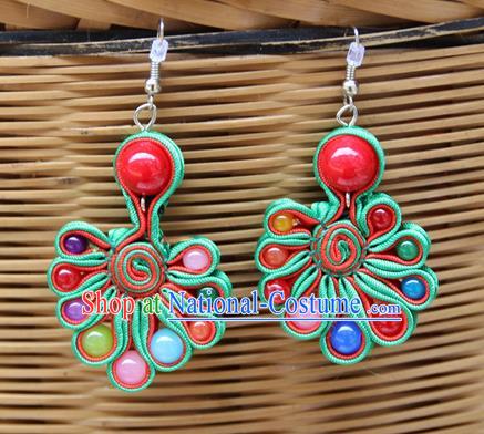 Traditional Chinese Miao Ethnic Minority Palace Jewelry Accessories Satin Earrings, Hmong Handmade Earrings for Women