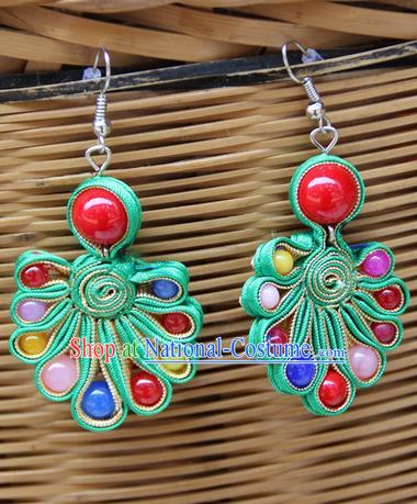 Traditional Chinese Miao Ethnic Minority Palace Jewelry Accessories Satin Earrings, Hmong Handmade Earrings for Women