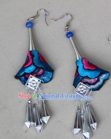 Traditional Chinese Miao Ethnic Minority Palace Jewelry Accessories Long Tassels Embroidery Earrings, Hmong Handmade Earrings for Women