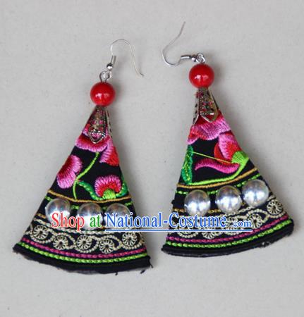 Traditional Chinese Miao Ethnic Minority Palace Jewelry Accessories Embroidery Earrings, Hmong Handmade Earrings for Women