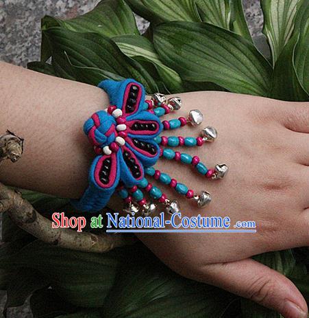 Traditional Chinese Miao Ethnic Minority Palace Jewelry Accessories Wristbands Bracelet, Hmong Handmade Bells Bracelet Hand-Knitted Chain Bracelet for Women