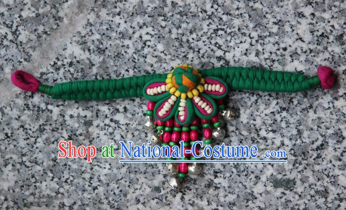 Traditional Chinese Miao Ethnic Minority Palace Jewelry Accessories Wristbands Bracelet, Hmong Handmade Bells Bracelet Hand-Knitted Chain Bracelet for Women