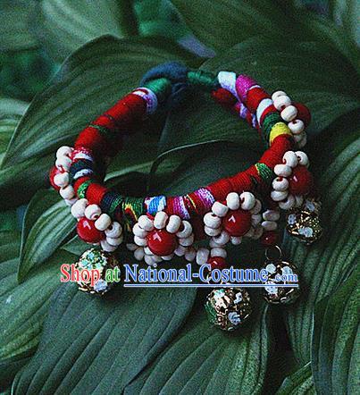 Traditional Chinese Miao Ethnic Minority Palace Jewelry Accessories Wristbands Bracelet, Hmong Handmade Bells Bracelet Hand-Knitted Chain Bracelet for Women