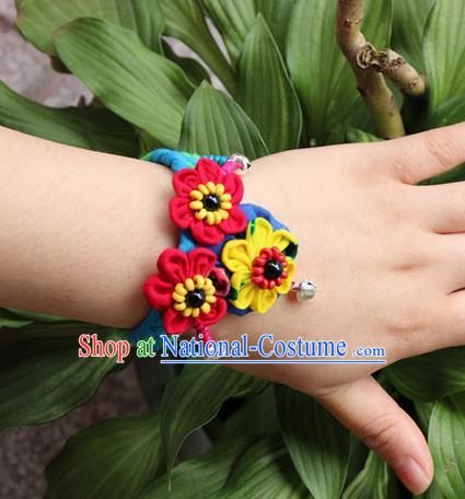 Traditional Chinese Miao Ethnic Minority Palace Jewelry Accessories Wristbands Bracelet, Hmong Handmade Bells Bracelet Hand-Knitted Chain Bracelet for Women