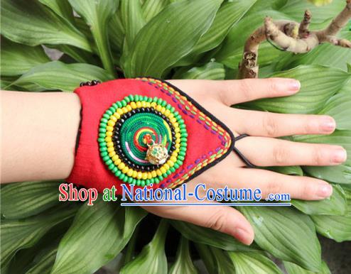 Traditional Chinese Miao Ethnic Minority Palace Jewelry Accessories Canvas Wristbands Bracelet, Hmong Handmade Bracelet Hand-Knitted Chain Bracelet for Women