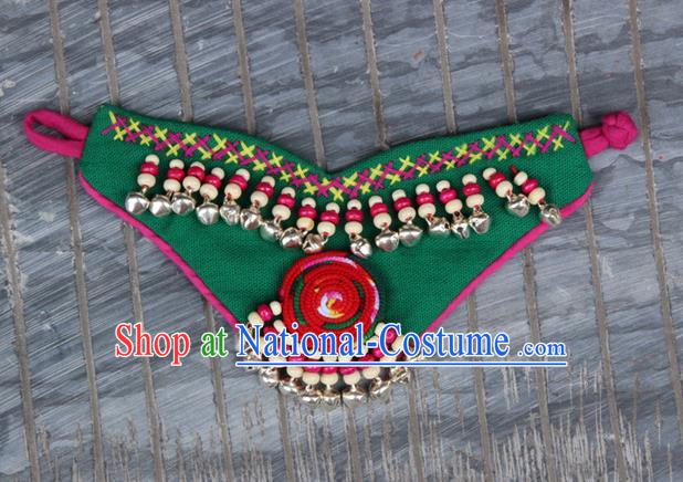 Traditional Chinese Miao Ethnic Minority Palace Jewelry Accessories Canvas Wristbands Bracelet, Hmong Handmade Bracelet Bells Chain Bracelet for Women