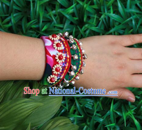 Traditional Chinese Miao Ethnic Minority Palace Jewelry Accessories Canvas Wristbands Bracelet, Hmong Handmade Bracelet Bells Chain Bracelet for Women