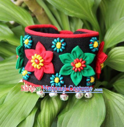 Traditional Chinese Miao Ethnic Minority Palace Jewelry Accessories Canvas Wristbands Bracelet, Hmong Handmade Bracelet Bells Chain Bracelet for Women