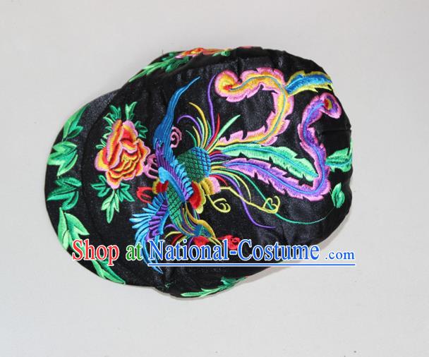 Traditional Chinese Miao Ethnic Minority Satin Cloth Embroidery Phoenix Cap, Hmong Handmade Peak Cap for Women