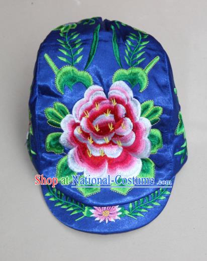 Traditional Chinese Miao Ethnic Minority Satin Cloth Embroidery Phoenix Cap, Hmong Handmade Peak Cap for Women