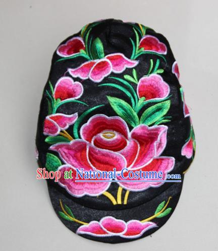 Traditional Chinese Miao Ethnic Minority Satin Cloth Embroidery Phoenix Cap, Hmong Handmade Peak Cap for Women