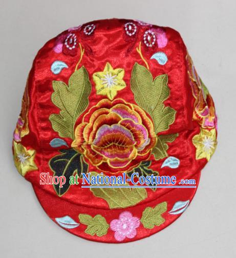 Traditional Chinese Miao Ethnic Minority Satin Cloth Embroidery Phoenix Cap, Hmong Handmade Peak Cap for Women