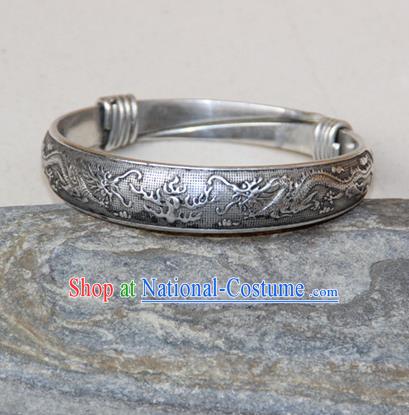 Traditional Chinese Miao Ethnic Minority Miao Silver Double Chinese Dragon Bracelet, Hmong Handmade Bracelet Jewelry Accessories for Women