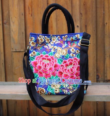 Traditional Chinese Miao Nationality Palace Handmade Double-Sided Embroidery Butterfly Peony Handbag Hmong Handmade Embroidery Canvas Single Shoulder Bags for Women