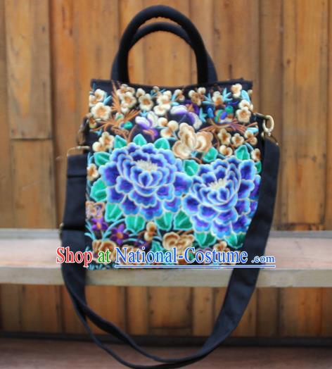 Traditional Chinese Miao Nationality Palace Handmade Double-Sided Embroidery Butterfly Peony Handbag Hmong Handmade Embroidery Canvas Single Shoulder Bags for Women