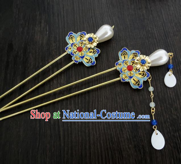 Traditional Handmade Chinese Ancient Classical Hair Accessories Barrettes Lotus Hairpin, Blueing Hair Sticks Pearl Hair Jewellery, Hair Fascinators Hairpins for Women