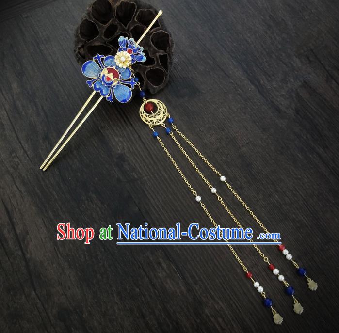 Traditional Handmade Chinese Ancient Classical Hair Accessories Barrettes Hairpin, Imperial Emperess Tassel Headdress Blueing Hair Jewellery, Hair Fascinators Hairpins for Women