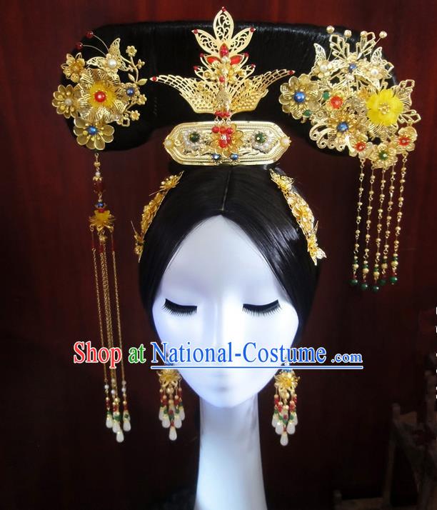 Traditional Handmade Chinese Ancient Classical Qing Dynasty Hat Accessories Bride Wedding Barrettes Imperial Emperess Phoenix Coronet, Hair Sticks Hair Jewellery, Hair Fascinators Hairpins Complete Set for Women