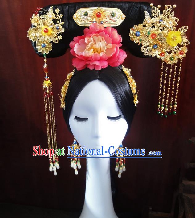 Traditional Handmade Chinese Ancient Classical Qing Dynasty Hat Accessories Bride Wedding Barrettes Imperial Emperess Phoenix Coronet, Hair Sticks Hair Jewellery, Hair Fascinators Hairpins Complete Set for Women