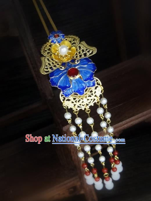 Traditional Handmade Chinese Ancient Classical Hair Accessories Barrettes Hairpin, Blueing Hair Sticks Pearl Hair Jewellery, Hair Fascinators Hairpins for Women