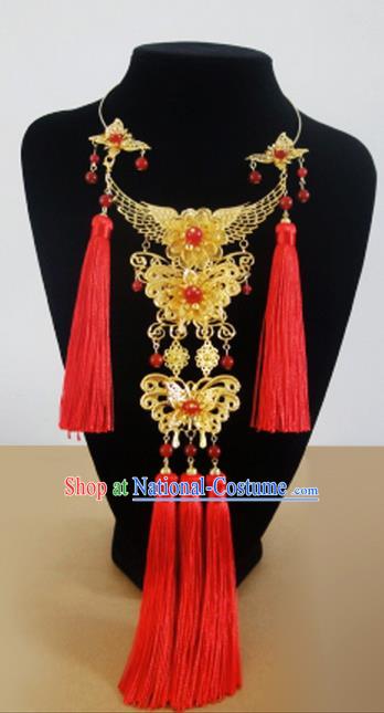Traditional Handmade Chinese Ancient Classical Jewellery Accessories Bride Necklace, Red Tassel Wedding Necklace for Women