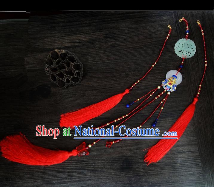 Traditional Handmade Chinese Ancient Classical Jewellery Accessories Red Tassel Palace Good Luck Taeniasis, Bride Wedding Waist Jade Pendant for Women