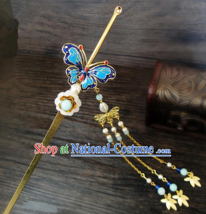 Traditional Handmade Chinese Ancient Classical Hair Accessories Barrettes Hairpin, Blueing Butterfly Hair Sticks Hair Jewellery, Hair Fascinators Hairpins for Women