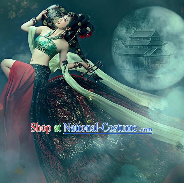 Traditional Ancient Chinese Dunhuang Flying Fairy Costume, Chinese Han Dynasty Dance Ribbon Dress, Cosplay Chinese Peri Imperial Empress Tailing Black Embroidered Clothing for Women