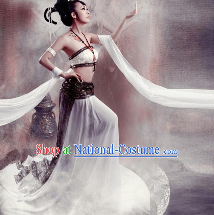 Traditional Ancient Chinese Dunhuang Flying Fairy Costume, Chinese Han Dynasty Dance Ribbon Dress, Cosplay Chinese Peri Imperial Empress Tailing Black Embroidered Clothing for Women